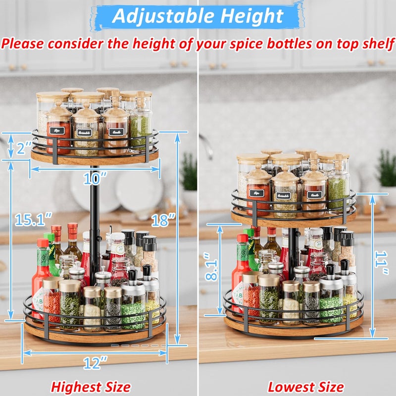 OVICAR Lazy Susan Turntable Organizer Adjustable - 2 Tier Wood Rotating Spice Rack 12 Inch Lazy Susan for Kitchen Countertop Cabinet Pantry Cupboard Dining Table Bathroom Coffee Bar Home Storage - Image 3