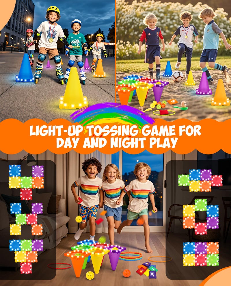 Eocolz 49PCS Carnival Games Outdoor Combo Set for Kids with LED Light, Plastic Cones Obstacle Course Bean Bags Balls Ring Toss Game Egg and Spoon Race Lawn Game, Gift for Birthday Party/Xmas/Easter - Image 2