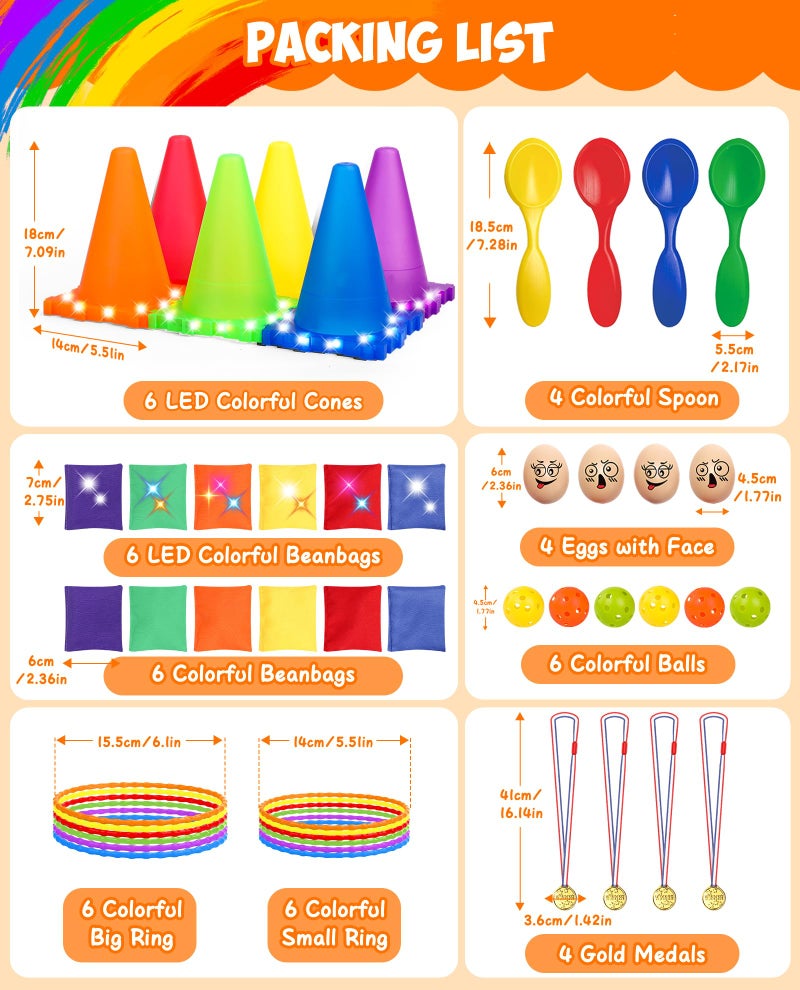 Eocolz 49PCS Carnival Games Outdoor Combo Set for Kids with LED Light, Plastic Cones Obstacle Course Bean Bags Balls Ring Toss Game Egg and Spoon Race Lawn Game, Gift for Birthday Party/Xmas/Easter - Image 3