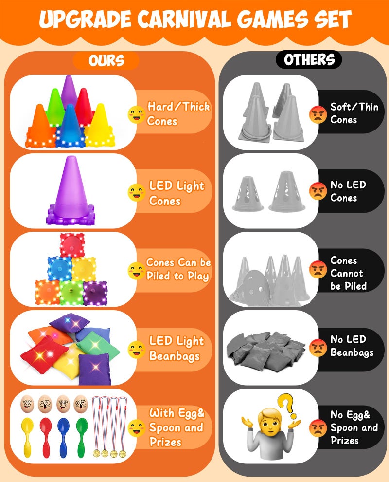 Eocolz 49PCS Carnival Games Outdoor Combo Set for Kids with LED Light, Plastic Cones Obstacle Course Bean Bags Balls Ring Toss Game Egg and Spoon Race Lawn Game, Gift for Birthday Party/Xmas/Easter - Image 5