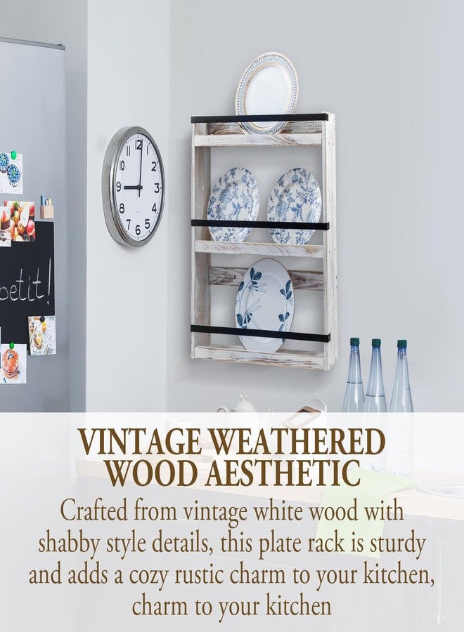 MyGift Wall Plate Display Rack, 3 Tier Farmhouse Whitewashed Wood Wall Mounted Plate Storage Rack, Holds 6-10inch Plates - Image 3