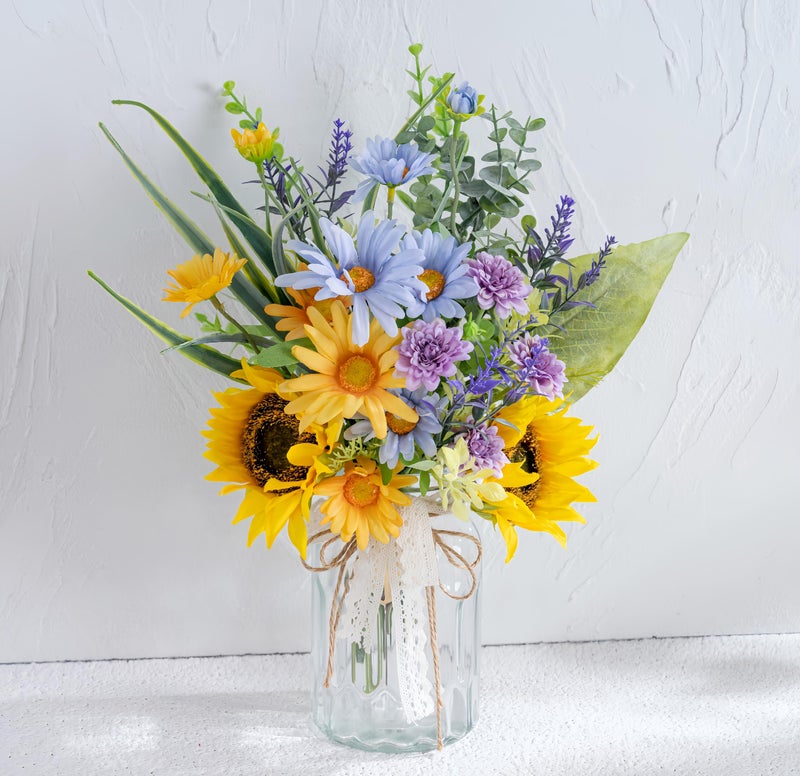 LUEUR Artificial Silk Sunflower with Vase Fake Flowers in Vase Centerpiece Coffee Table Decor, Fake Plant Blue Daisy Flower Arrangement for Spring Decorations Indoor Home Office Living Room - Image 1
