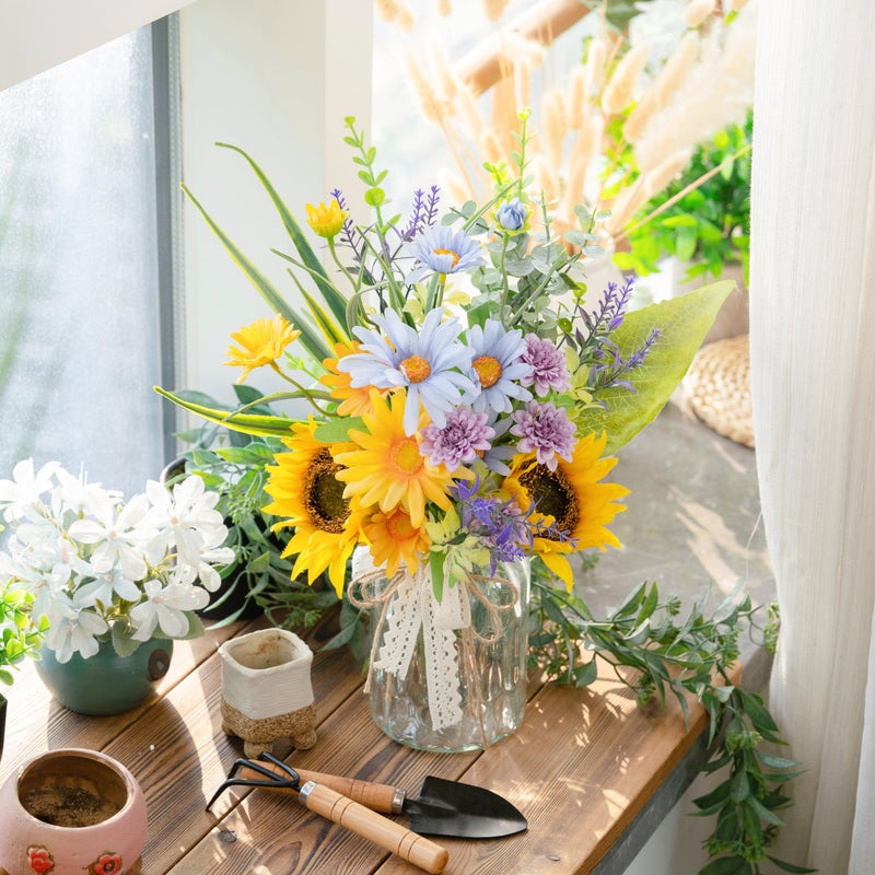 LUEUR Artificial Silk Sunflower with Vase Fake Flowers in Vase Centerpiece Coffee Table Decor, Fake Plant Blue Daisy Flower Arrangement for Spring Decorations Indoor Home Office Living Room - Image 2