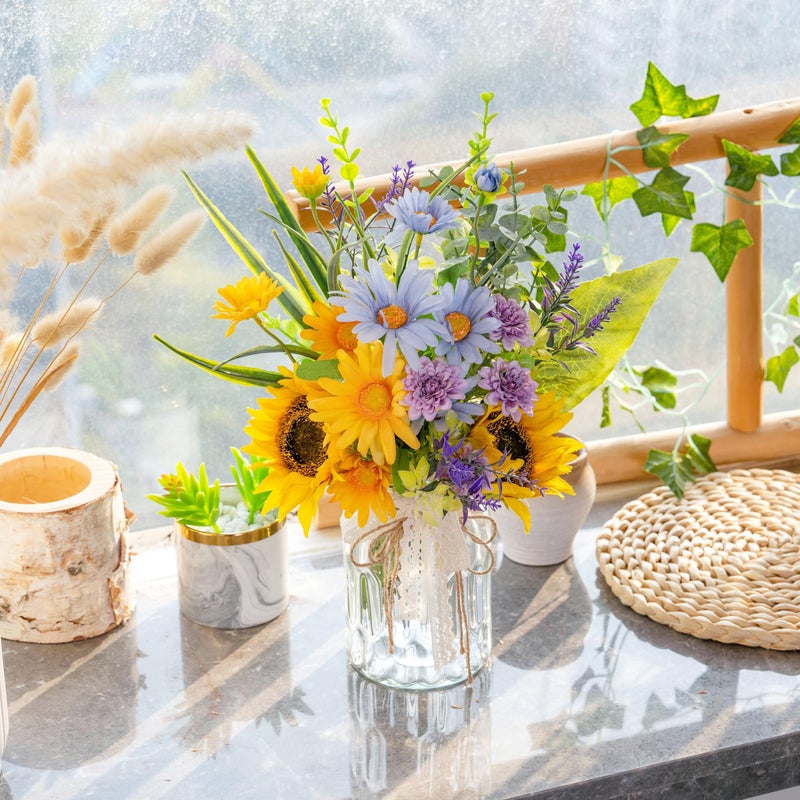 LUEUR Artificial Silk Sunflower with Vase Fake Flowers in Vase Centerpiece Coffee Table Decor, Fake Plant Blue Daisy Flower Arrangement for Spring Decorations Indoor Home Office Living Room - Image 3