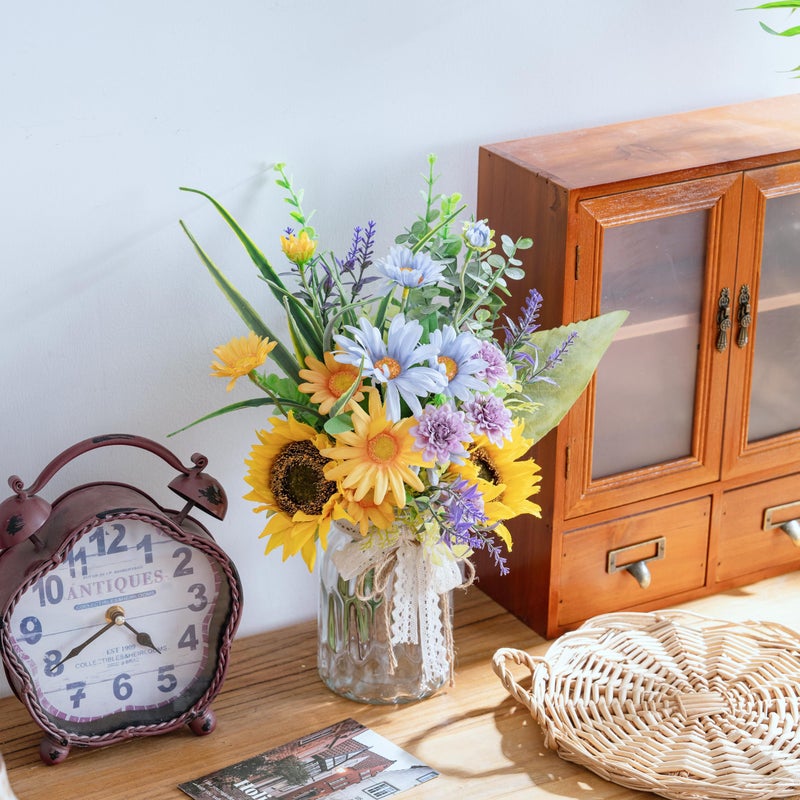 LUEUR Artificial Silk Sunflower with Vase Fake Flowers in Vase Centerpiece Coffee Table Decor, Fake Plant Blue Daisy Flower Arrangement for Spring Decorations Indoor Home Office Living Room - Image 4