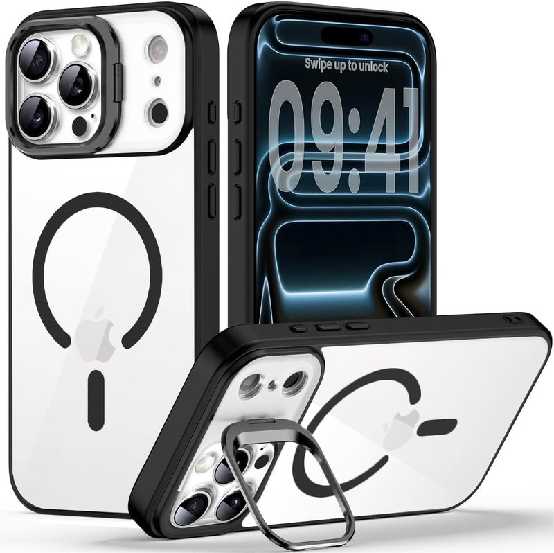 VONZEE Clear Camera Kickstand Case for iPhone 17 Pro Max, Built-in Adjustable Camera Stand, Clear Magnetic Mag-Safe Shockproof Classic Series Phone Cover (Black) - Image 1