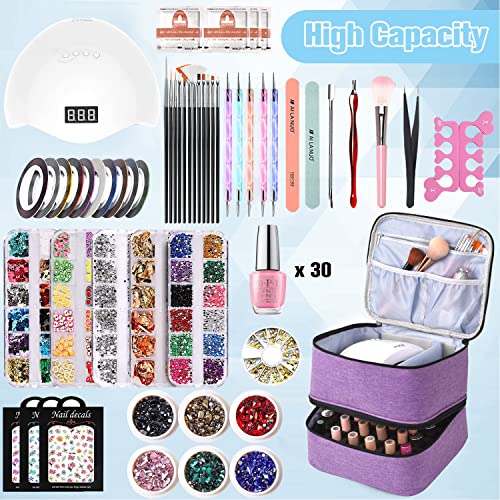 CTWWFS Nail Polish Organizer Holds 30 Bottles 15ml and 1 Nail Light Nail Polish Carrying Case with Storage Pockets for Manicure Tools Double Layer Nail Storage Travel Bag with Handle APurple - Image 3