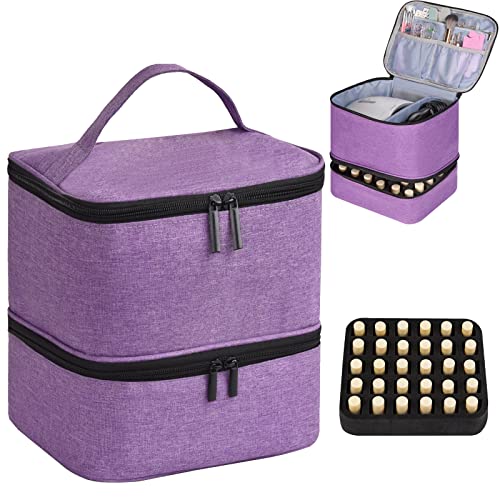 CTWWFS Nail Polish Organizer Holds 30 Bottles 15ml and 1 Nail Light Nail Polish Carrying Case with Storage Pockets for Manicure Tools Double Layer Nail Storage Travel Bag with Handle APurple - Image 1