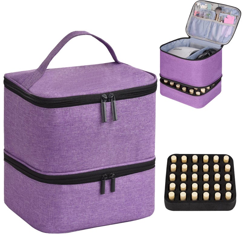 CTWWFS Nail Polish Organizer Holds 30 Bottles 15ml and 1 Nail Light Nail Polish Carrying Case with Storage Pockets for Manicure Tools Double Layer Nail Storage Travel Bag with Handle APurple - Image 2