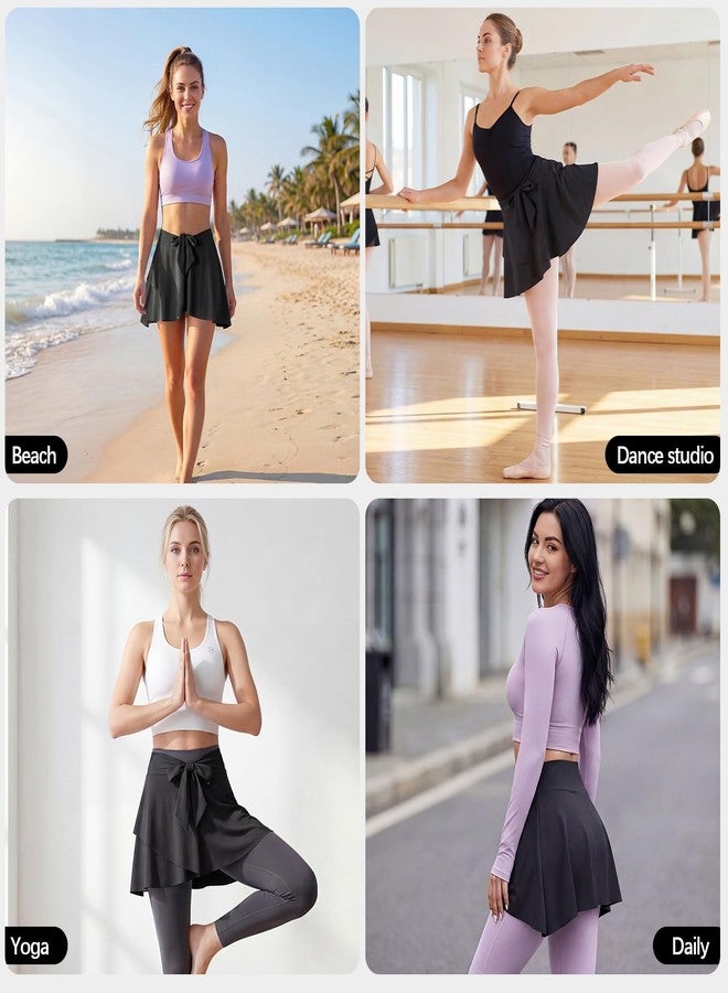 TOCONFFON Women Gym Flowy Ballet Cover Up Skirt Opaque Pull-On Wrap Yoga Skirt w Deco Strap for Swimsuit Beach Dance&Workout​(Black,L) - Image 2