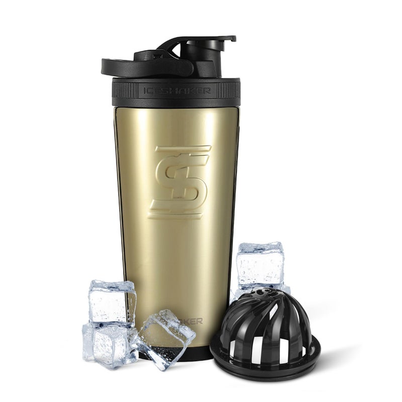 Ice Shaker Insulated Stainless Steel Shaker Bottle | 26oz, Gold | Cold for 30+ Hours | Insulated Cup with Twist-on Agitator | Odor-Free Bottle for Protein Shakes, Water, Smoothies, Cocktails - Image 1