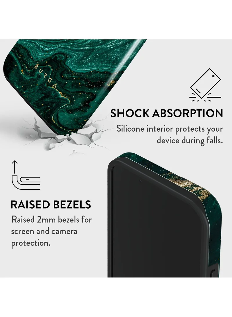 BURGA iPhone 15 Case, 2 Piece Hard Shell + TPU Silicone Interior, Shock Absorption, All Port Accessible, Raised Bezel For Screen & Camera Protection, Never Fading HQ Print, Emerald Pool
