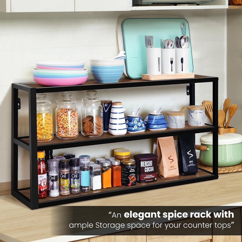 ABOUT SPACE Large Kitchen Rack for Kitchen Accessories 3 Shelves Wall Mount for Living room Table top Rack for Storage and Organizer Metal Frame with Engineered wood Brown LxBxH 90x20x45 cm - Image 5