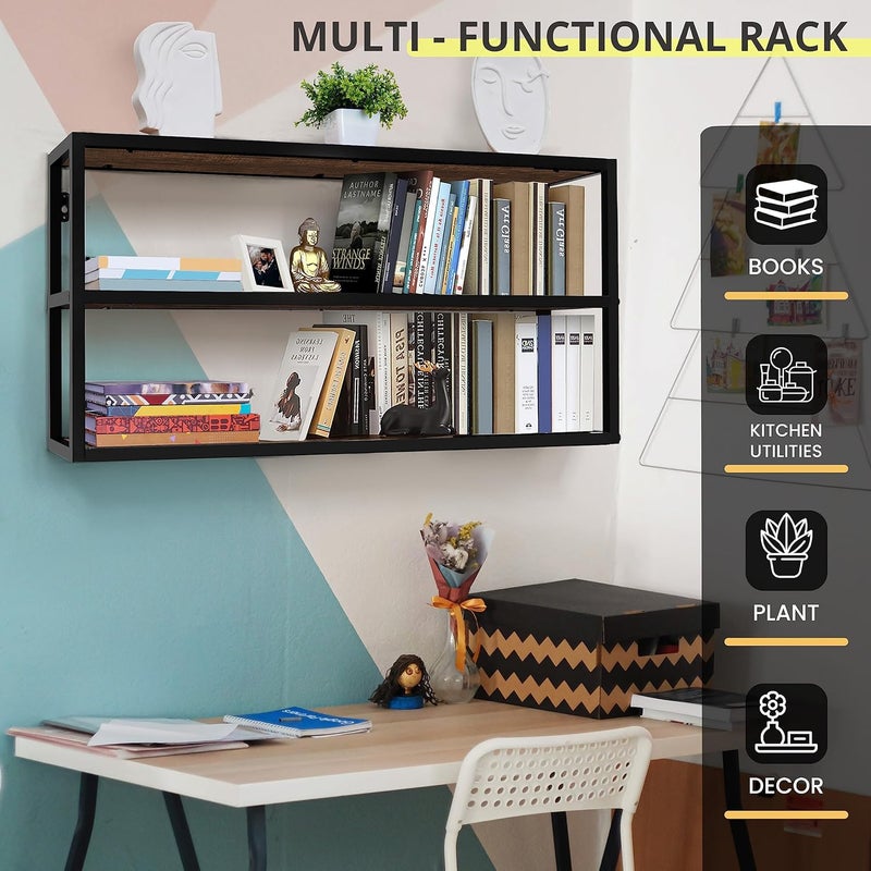 ABOUT SPACE Large Kitchen Rack for Kitchen Accessories 3 Shelves Wall Mount for Living room Table top Rack for Storage and Organizer Metal Frame with Engineered wood Brown LxBxH 90x20x45 cm - Image 4
