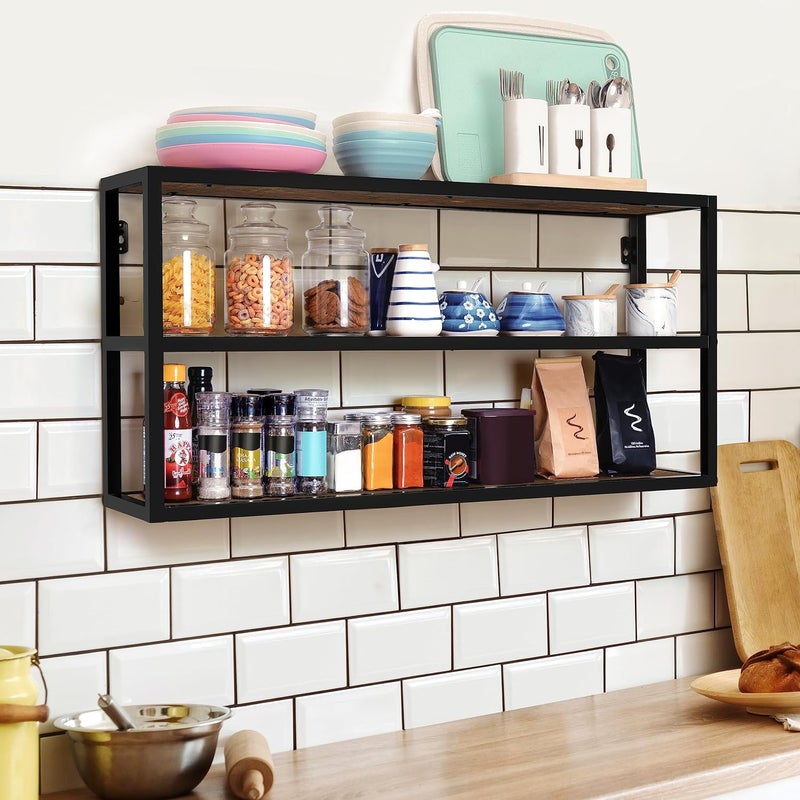 ABOUT SPACE Large Kitchen Rack for Kitchen Accessories 3 Shelves Wall Mount for Living room Table top Rack for Storage and Organizer Metal Frame with Engineered wood Brown LxBxH 90x20x45 cm - Image 1