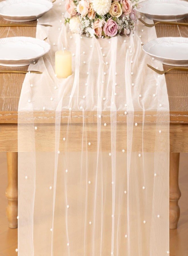 DeZerlor Pearl Ivory White Gauze Table Runner 120 Inch 10FT, 2 Pack Seasonal Sheer Dining Holiday Wedding Birthday Baby Shower Table Decor for Home Party - Image 2