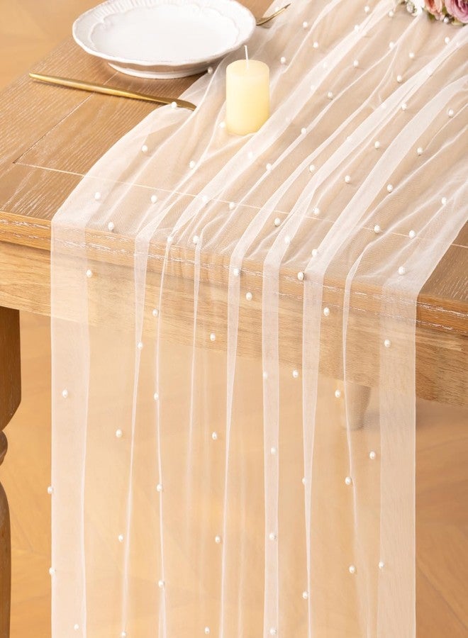 DeZerlor Pearl Ivory White Gauze Table Runner 120 Inch 10FT, 2 Pack Seasonal Sheer Dining Holiday Wedding Birthday Baby Shower Table Decor for Home Party - Image 1
