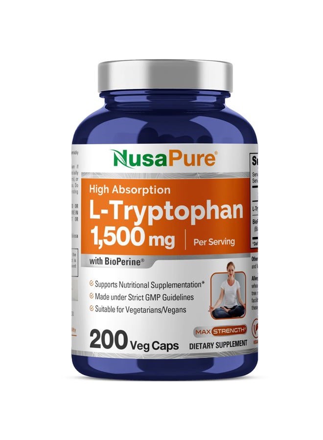 NusaPure L-تريبتوفان 1500 ملغ 200 كبسولة نباتية (غير معدلة وراثيًا، نباتية) بيوبيرين - Image 1