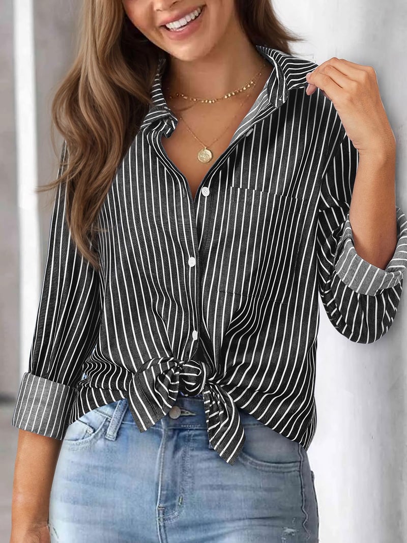Aoudery Striped Button Down Shirts for Women Cotton Dress Shirts Long Sleeve Collared Blouses Work Business Casual Tops-Black Wide Stripes 3XL - Image 3