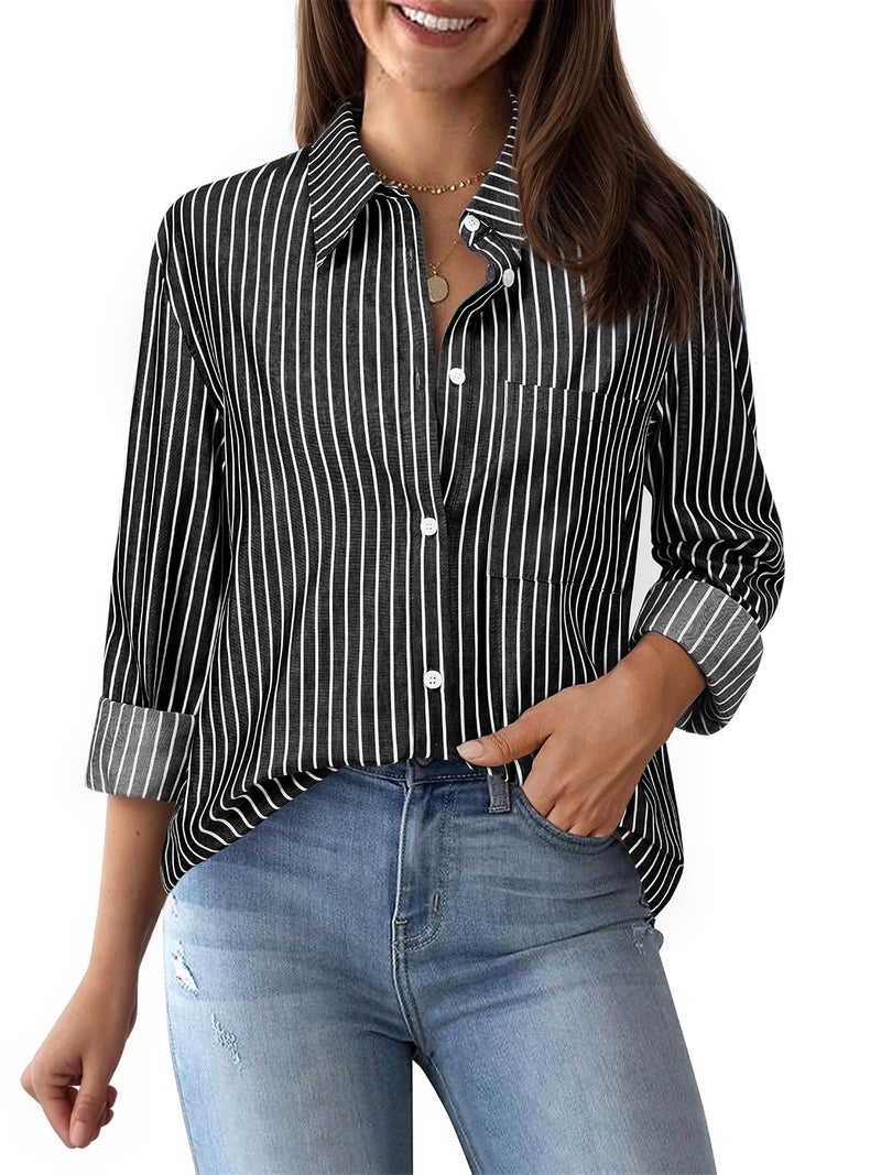 Aoudery Striped Button Down Shirts for Women Cotton Dress Shirts Long Sleeve Collared Blouses Work Business Casual Tops-Black Wide Stripes 3XL - Image 4