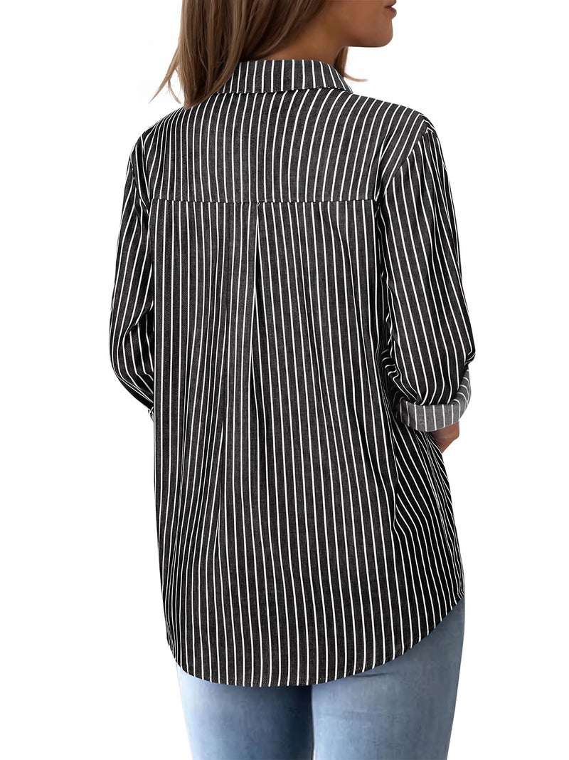 Aoudery Striped Button Down Shirts for Women Cotton Dress Shirts Long Sleeve Collared Blouses Work Business Casual Tops-Black Wide Stripes 3XL - Image 2