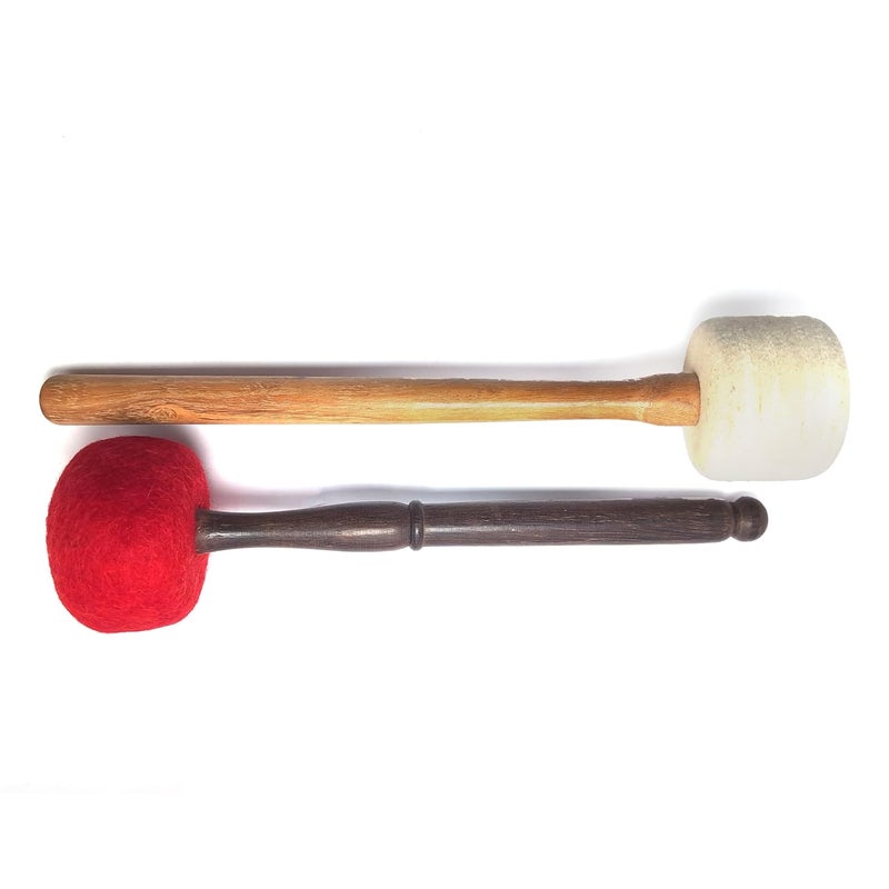Uv Creation Mallets Set for Gong and Singing Bowls with Wooden Handle, Red and White Felt Heads, 2 Pieces - Image 1