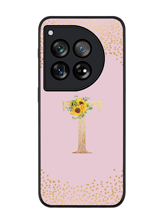 Stylizedd Rugged Black edge case for OnePlus 12R / OnePlus Ace 3 5G, Slim fit Soft Cover - Custom Monogram Initial Letter Floral Pattern Alphabet - T (Pink)  - Image 1