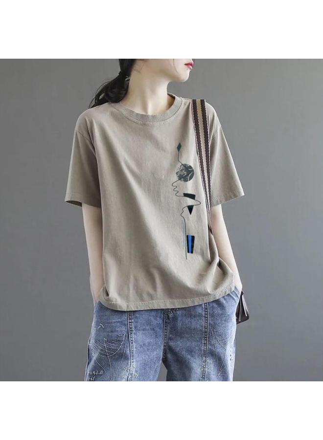 Short-sleeved T-shirt Women's Round Neck Loose Summer New Korean Style Large Size Short-sleeved Printed Top Clothes Tagram Style Trendy 
