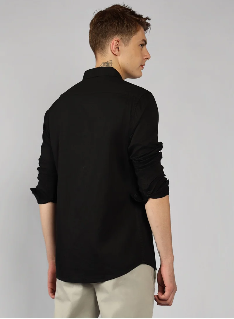 Dennis Lingo Men's Slim Fit Black Casual Cotton Spread Shirt