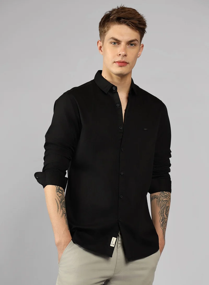 Dennis Lingo Men's Slim Fit Black Casual Cotton Spread Shirt