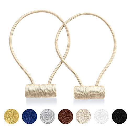 XDerlin Curtain Tiebacks Clips VS Strong Magnetic Tie Band Home Office Decorative Drapes Weave Holdbacks Holders European for Blackout Sheer Window Treatment (2PCS, Beige) - Image 1
