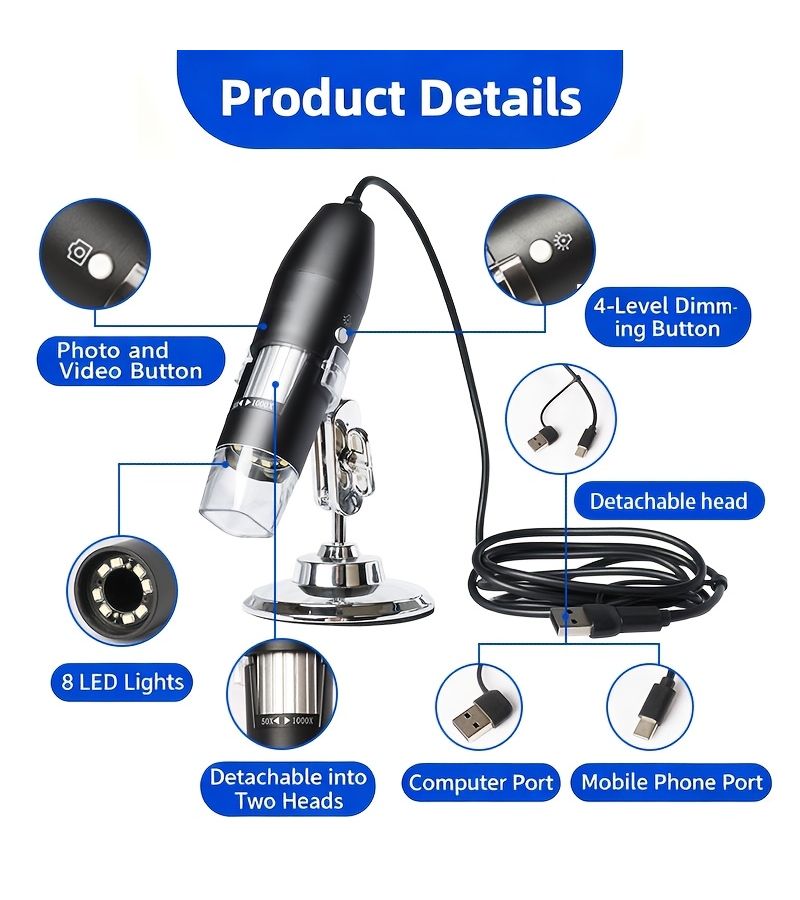 YJ70087 X4D Black 50-1000X Zoom Digital Microscope HD Portable USB Microscope with Photo Capture - Image 1