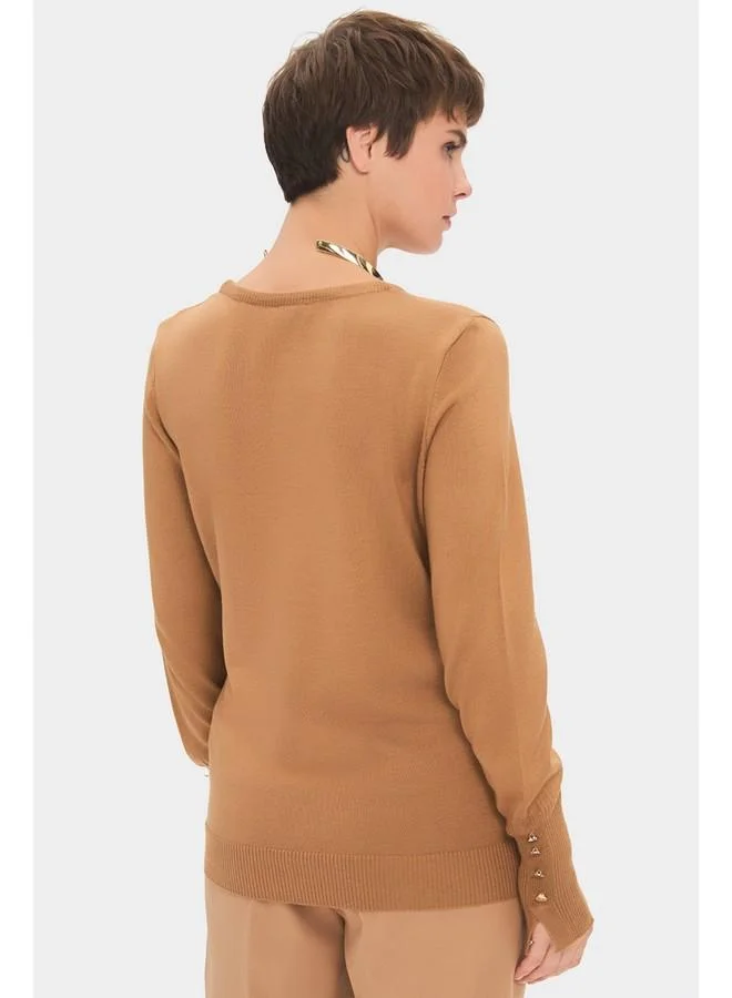 JUNE June Women Exclusive Crew Neck Viscose Blend Button Detailed Knitwear Sweater Tan