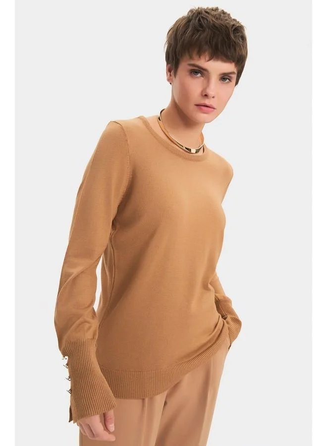 JUNE June Women Exclusive Crew Neck Viscose Blend Button Detailed Knitwear Sweater Tan