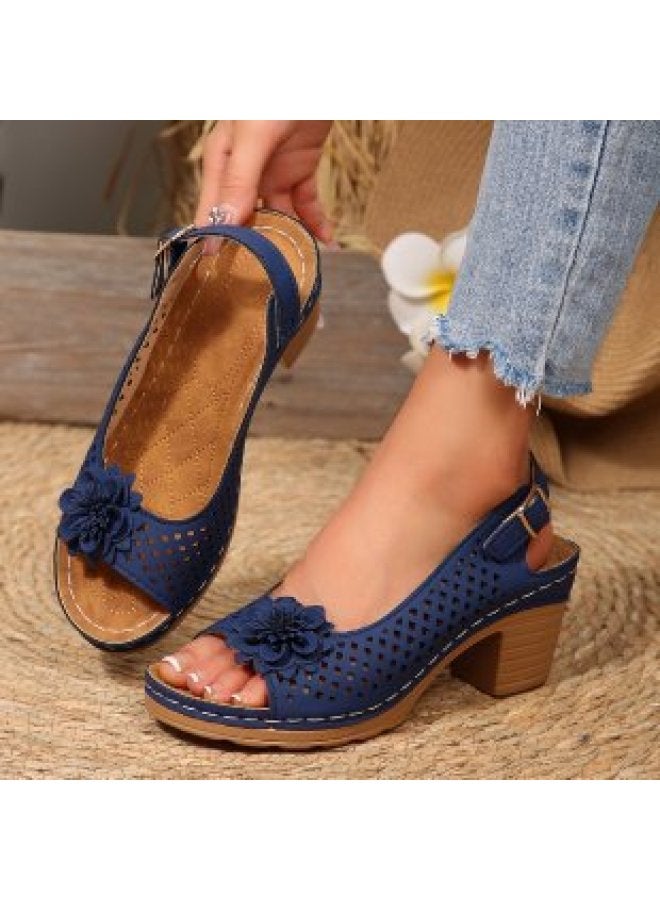 Women's Shoes Large Size Floral High-heeled Sandals For Women Summer New European And American Fashion Thick-heeled Buckle Sandals For Women