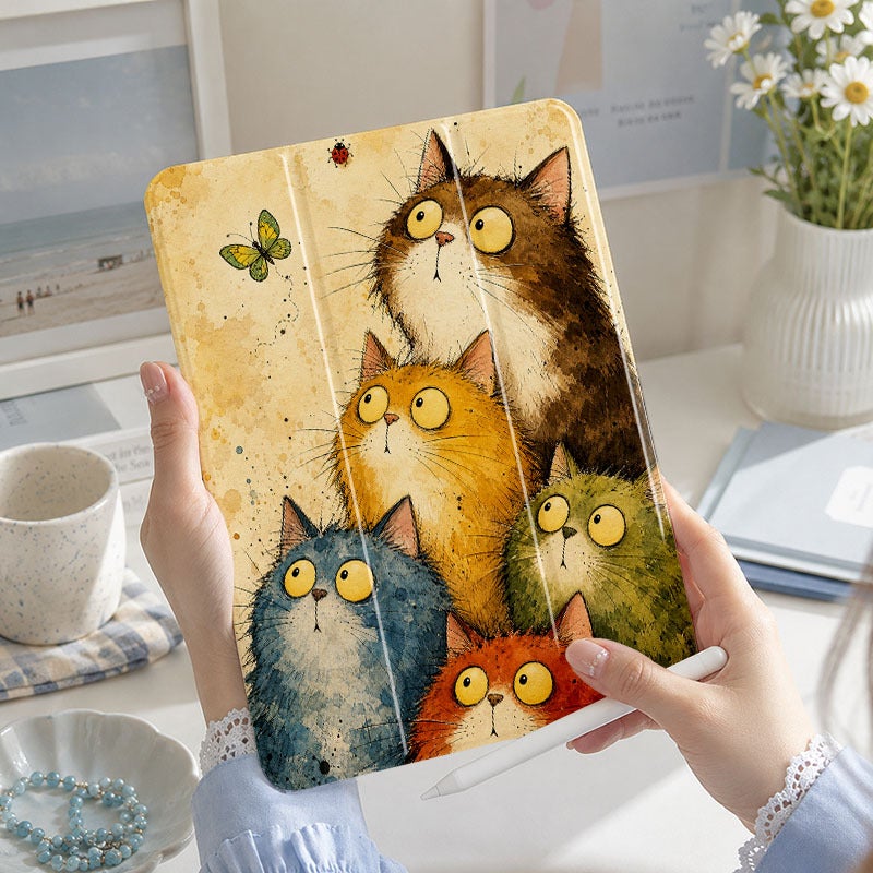 Tablet Case for iPad, Wide Eyed Cats Watching Butterfly, iPad Shockproof Case for Mini Air Pro 4 5 6 7 8 9 10 11 12, Suitable for 7.9 8.3 9.7 10.2 10.5 10.9 11 12.9 13 inch Slim Shockproof Protective Clear with Stand - Image 1
