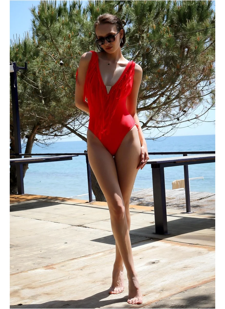 اكبينيز Women's Tassel Swimsuit Red 34023