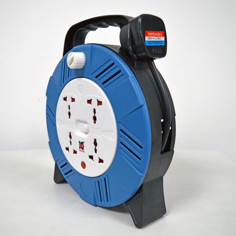 KADRIS Heavy Duty 3 Way Socket Cable Extension Reel Cassette, 10 Meter Cable Length, Blue/Black - Image 3
