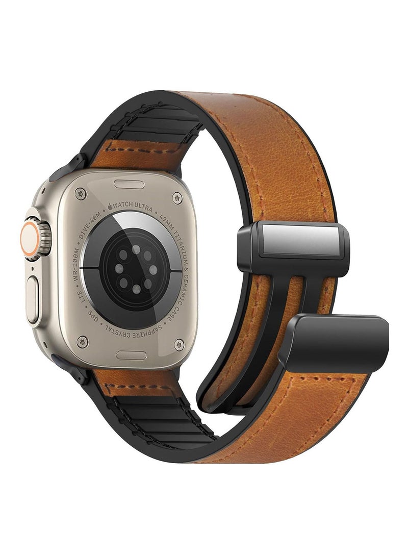 SYOSI - Leather Watch Band Compatible with Apple Watch 49mm, 45mm, 44mm, 42mm, Genuine Leather Strap with Magnetic Buckle for Apple Watch Ultra/Ultra 2 Series, Classic Brown - Image 1