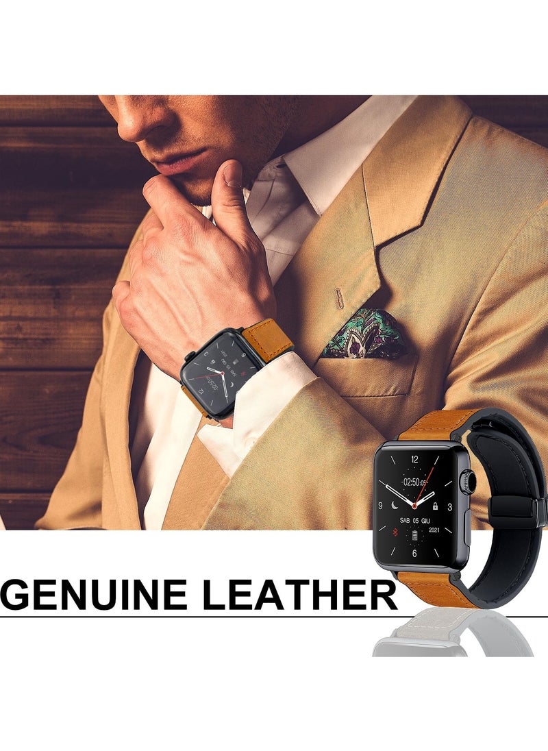 SYOSI - Leather Watch Band Compatible with Apple Watch 49mm, 45mm, 44mm, 42mm, Genuine Leather Strap with Magnetic Buckle for Apple Watch Ultra/Ultra 2 Series, Classic Brown - Image 1