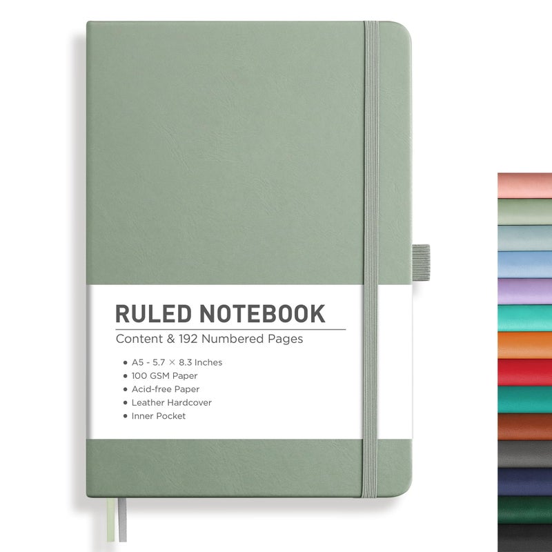 Rettacy Lined Journal Notebook  192 Numbered Pages  A5 Medium Size (5.7'' X 8.3'')  For Men & Women  Journaling  Writing  Work & Office  Leather Hardcover  100 Gsm Thick Paper (Sage Green) - Image 1