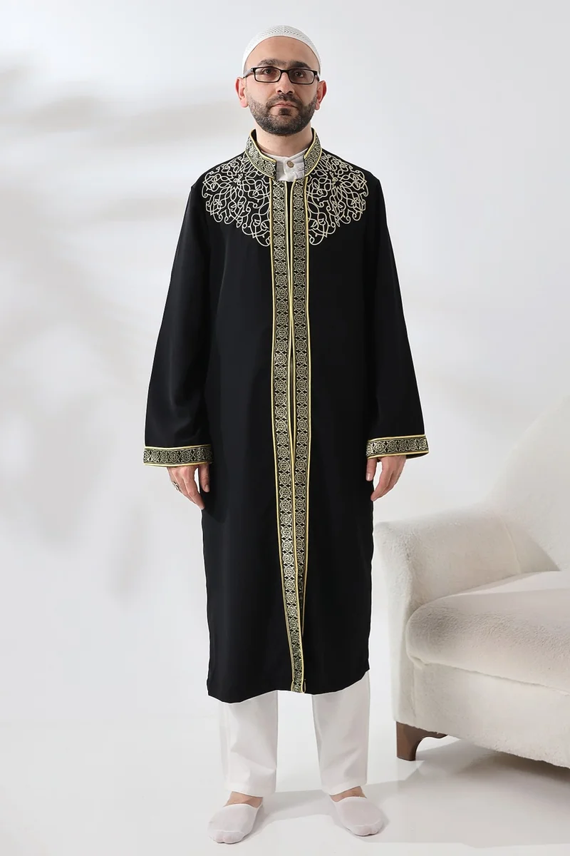İhvan Online Ihvan Online Black Judge Collar Men's Prayer Dress Stripe Embroidery Imam Robe