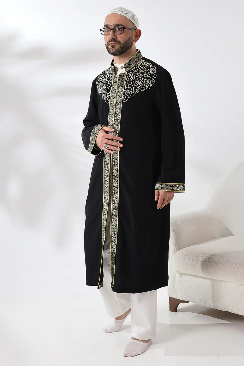 İhvan Online Ihvan Online Black Judge Collar Men's Prayer Dress Stripe Embroidery Imam Robe
