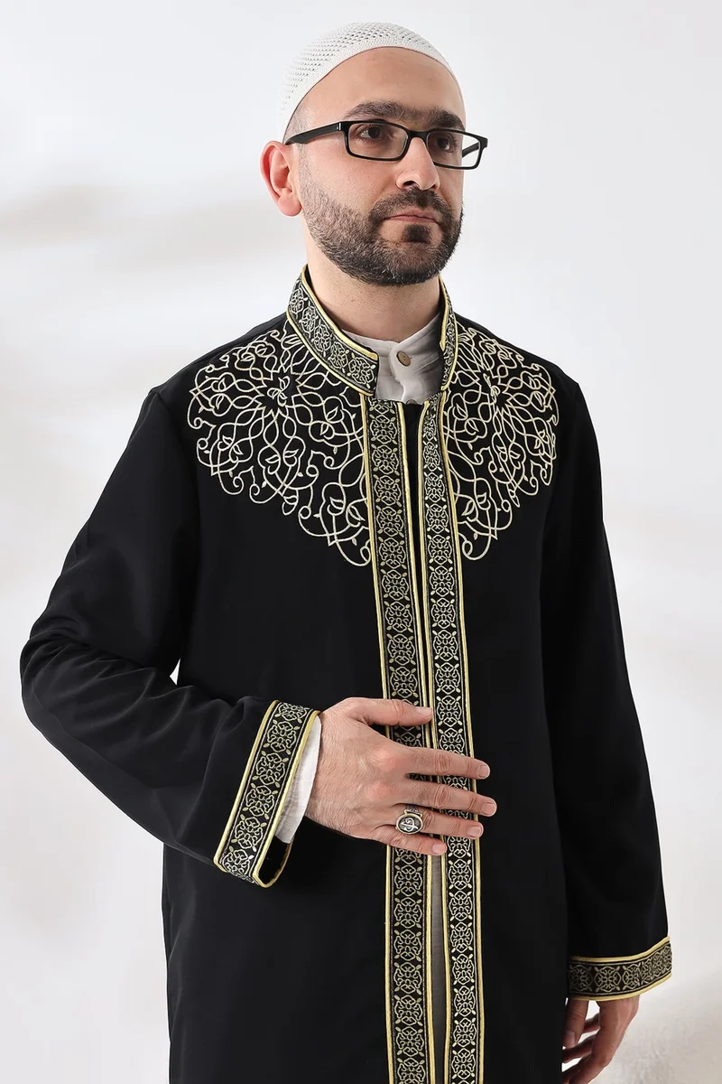 İhvan Online Ihvan Online Black Judge Collar Men's Prayer Dress Stripe Embroidery Imam Robe