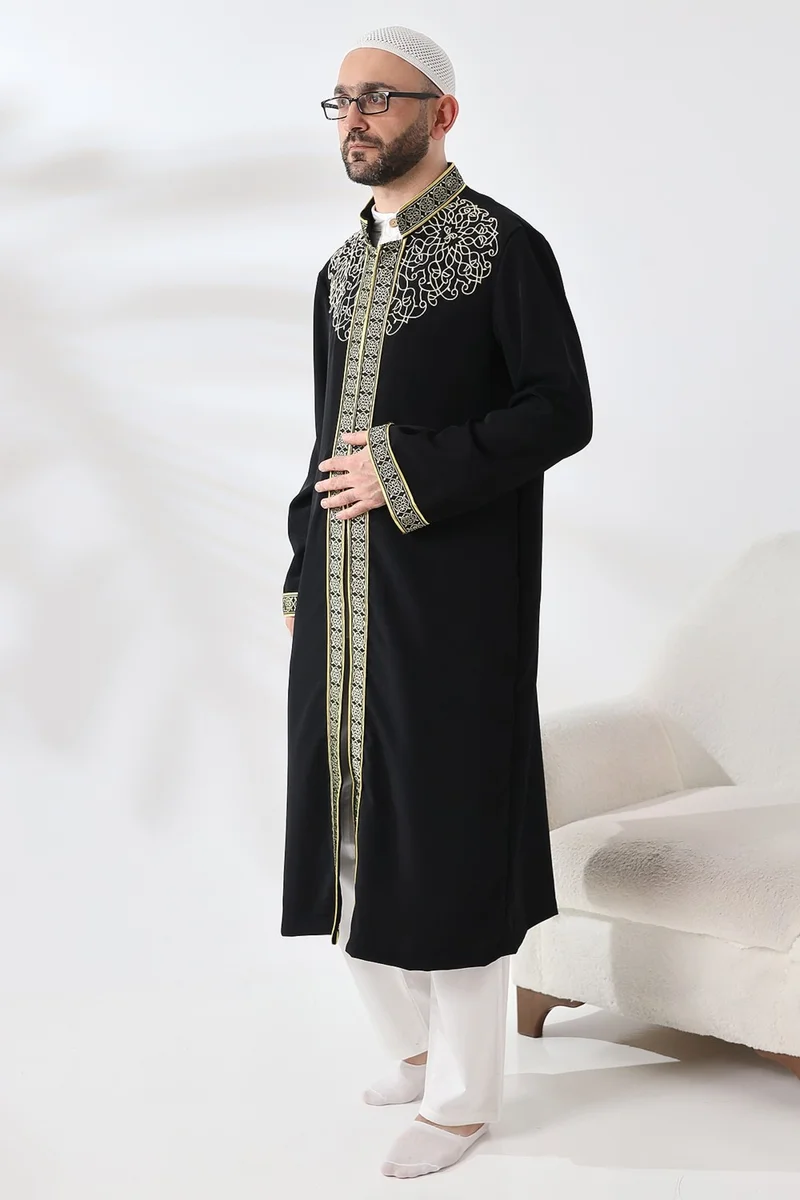 İhvan Online Ihvan Online Black Judge Collar Men's Prayer Dress Stripe Embroidery Imam Robe