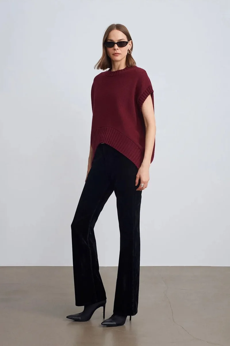 Dilvin Burgundy Red DILVIN Oversized Ribbed Knit Sweater Vest for Women | Best Price UAE