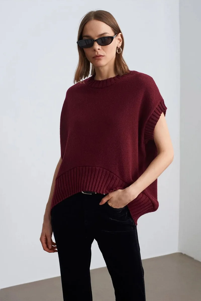 Dilvin Burgundy Red DILVIN Oversized Ribbed Knit Sweater Vest for Women | Best Price UAE