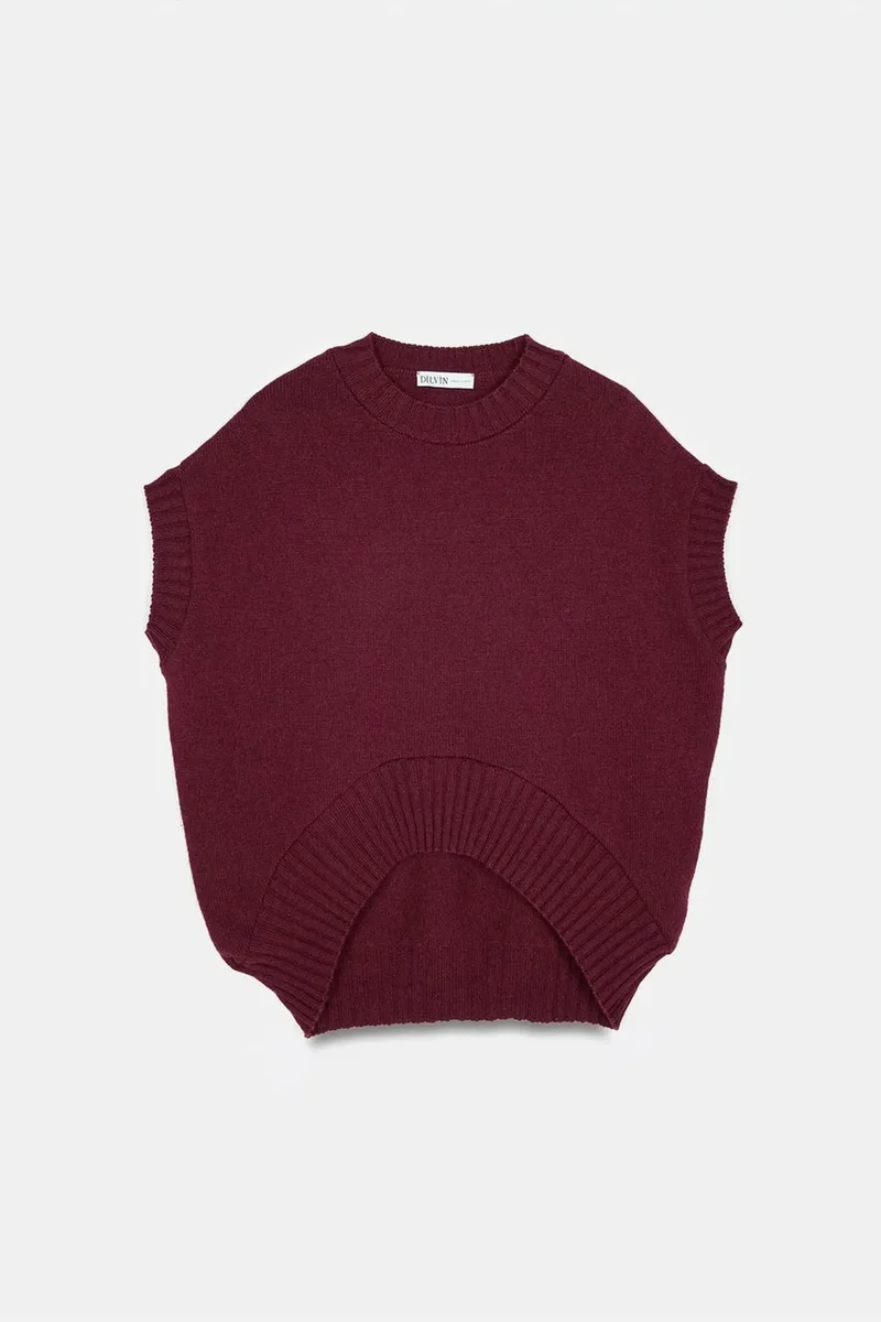 Dilvin Burgundy Red DILVIN Oversized Ribbed Knit Sweater Vest for Women | Best Price UAE
