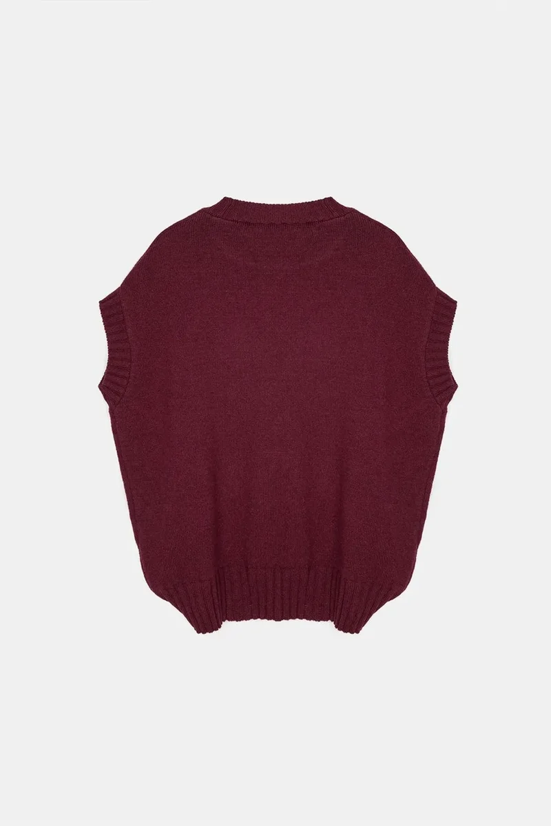 Dilvin Burgundy Red DILVIN Oversized Ribbed Knit Sweater Vest for Women | Best Price UAE