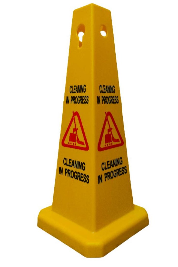 Cleaning In Progress | Yellow Cleaning In Progress  Sign with 4 Sides View | Easily Noticable Cleaning In Progress  Sign with Chain and Sign Attachable Socket (67 x 28 cm)  - Image 1
